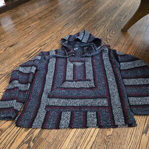 Earthbound Baja Hoodie Drug Rug Pullover Sweater Charcoal Red Striped Size S